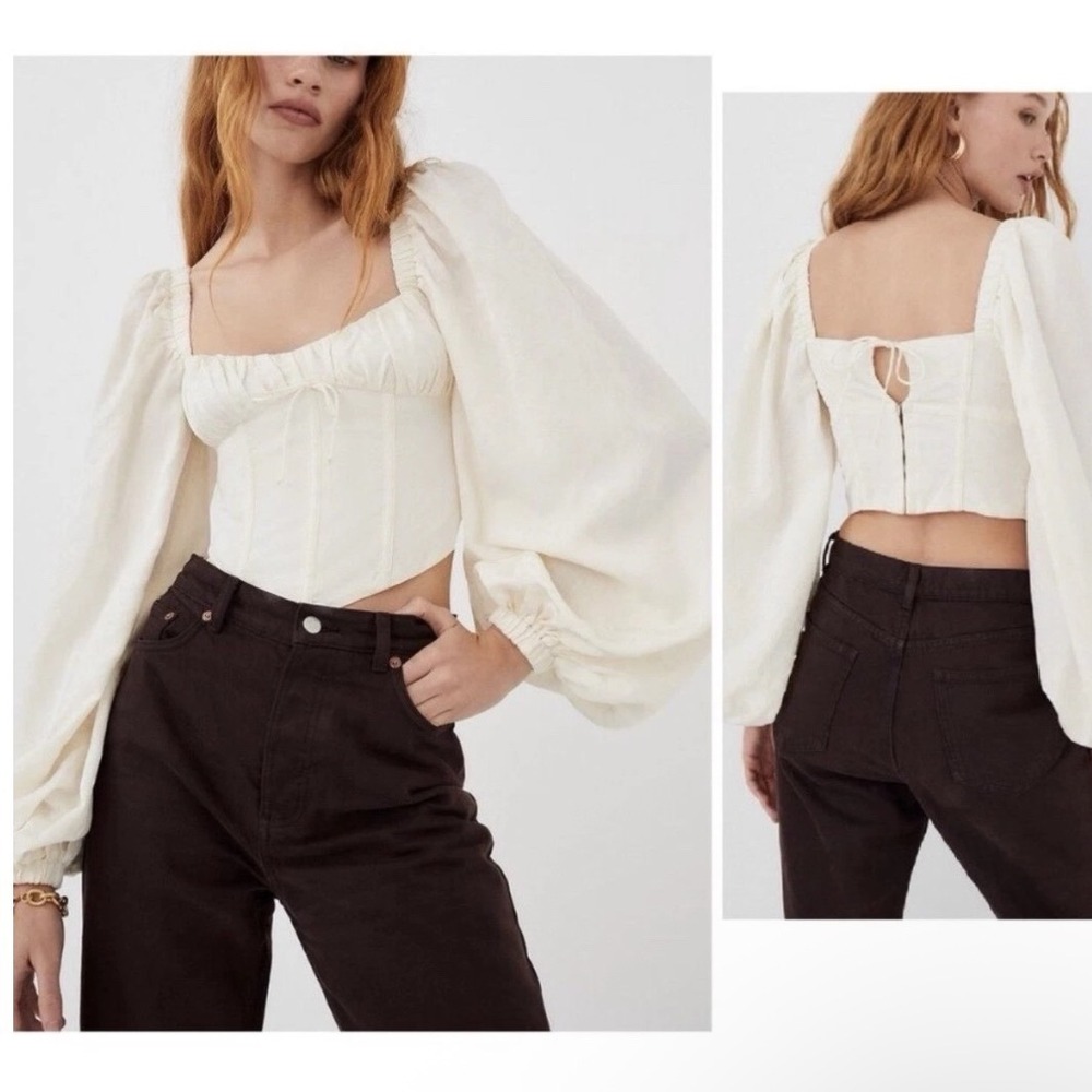 For Love and Lemons Janet Floral Jacquard Puff Sleeve Corset Top Ivory Size S